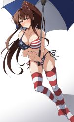Rule 34 | 1girl, american flag bikini, american flag print, asymmetrical legwear, bikini, breasts, brown hair, cherry blossoms, collarbone, flag print, flower, full body, hair flower, hair ornament, highres, kantai collection, large breasts, leaning forward, long hair, looking at viewer, nel-c, ponytail, print bikini, red eyes, side-tie bikini bottom, simple background, solo, standing, striped clothes, striped thighhighs, swimsuit, thighhighs, umbrella, uneven legwear, white background, yamato (kancolle)