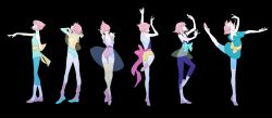 Rule 34 | 1girl, absurdres, alternate costume, ass, backless outfit, bad id, bad twitter id, ballet, ballet slippers, black background, bow, bowtie, chuong, closed eyes, dancing, forehead jewel, highres, leg up, leotard, multiple persona, multiple views, pale skin, pearl (steven universe), pink hair, ribbon, sash, see-through, see-through skirt, simple background, skirt, sleeveless, socks, steven universe, thighhighs, tiptoes