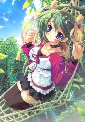 Rule 34 | 1girl, absurdres, black thighhighs, blue eyes, blush, bow, breasts, choker, cleavage, cloud, day, green hair, hair ribbon, hammock, highres, image sample, izumi tsubasu, large breasts, leaf, legs, long hair, lying, melon-chan, melonbooks, miniskirt, nature, outdoors, ribbon, rope, skirt, sky, solo, thighhighs, thighs, tree, twintails, yellow bow