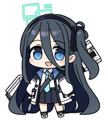 Rule 34 | 1girl, :d, absurdly long hair, aris (blue archive), bell (oppore coppore), black hairband, black skirt, black socks, blue archive, blue eyes, blue necktie, blush, chibi, collared shirt, commentary request, full body, hair between eyes, hairband, halo, jacket, long hair, long hair between eyes, long sleeves, necktie, one side up, open clothes, open jacket, open mouth, pleated skirt, puffy long sleeves, puffy sleeves, shirt, shoes, simple background, skirt, sleeves past wrists, smile, socks, solo, standing, very long hair, white background, white footwear, white jacket, white shirt