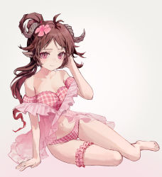 Rule 34 | 1girl, absurdres, animal ears, antenna hair, arknights, bare legs, bare shoulders, barefoot, bikini, breasts, brown hair, cleavage, commentary request, eyjafjalla (arknights), eyjafjalla (summer flower) (arknights), grey background, hand in own hair, hand up, highres, horns, bridal garter, long hair, looking back, medium breasts, navel, off-shoulder bikini, off shoulder, official alternate costume, pink bikini, pink eyes, plaid, plaid bikini, sheep ears, sheep horns, simple background, sitting, smile, solo, stomach, swimsuit, thighs, yoon cook
