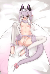 Rule 34 | 1girl, bed sheet, blush, bow, breasts, cleft of venus, cowfee, diadem, ear blush, elbow gloves, embarrassed, female pubic hair, full-face blush, full body, fur, garter belt, gloves, hands on own face, highres, horns, jewelry, looking at viewer, lying, monster girl, navel, nipples, nude, on back, original, panties, panties around leg, peeking through fingers, pointy ears, pubic hair, purple eyes, purple hair, pussy, short hair, small breasts, smile, solo, spread legs, tail, tail bow, tail ornament, thighhighs, uncensored, underwear, wavy mouth, white gloves, white thighhighs, wings