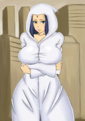 Rule 34 | 1girl, arella roth, arms under breasts, blue eyes, blue hair, cape, cowboy shot, dc comics, facing viewer, forehead jewel, hood, hood up, hooded cape, lips, looking at viewer, matching hair/eyes, mature female, pink lips, solo, standing, teen titans, white cape