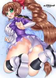 Rule 34 | 00s, 1girl, absurdres, aged up, alternate costume, ass, black thighhighs, bow, breasts, brown hair, copyright name, derivative work, drill hair, green eyes, hair bow, hair ribbon, highres, large breasts, long hair, military, military uniform, oooqqq, open mouth, ribbon, scryed, shiny clothes, shiny skin, solo, thighhighs, thighs, time paradox, underwear, uniform, upskirt, yuuta kanami, zettai ryouiki