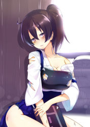 Rule 34 | 10s, 1girl, ahoge, bad id, bad pixiv id, black hair, breasts, bruise, cleavage, collarbone, futon, injury, kaga (kancolle), kantai collection, large breasts, looking at viewer, muneate, nyori, parted lips, side ponytail, solo, torn clothes