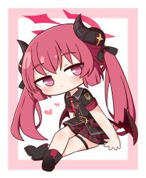 Rule 34 | 1girl, black footwear, black horns, black shirt, blue archive, blush, boots, brown wings, closed mouth, collared shirt, demon horns, demon wings, full body, halo, hana kazari, heart, highres, horns, junko (blue archive), long hair, looking at viewer, red eyes, red hair, red halo, red skirt, shirt, short sleeves, skirt, smile, solo, thigh strap, twintails, wings