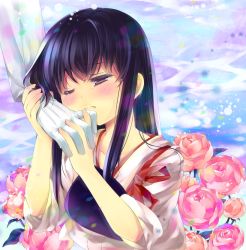 Rule 34 | 10s, 1girl, akagi (kancolle), black hair, blush, flower, gloves, holding hands, japanese clothes, kantai collection, long hair, muneate, one eye closed, personification, solo focus, tasuki, tears, white gloves, yukine (wista)