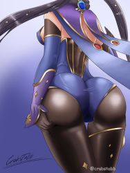 Rule 34 | 1girl, artist name, ass, ass focus, ass grab, ass support, black hair, breasts, cape, crabstabb, deep skin, detached sleeves, elbow gloves, from behind, genshin impact, gloves, hair ornament, hair ribbon, hat, highres, huge ass, leotard, medium breasts, mona (genshin impact), pantyhose, ribbon, shiny clothes, sideboob, skin tight, solo, thighlet, twintails