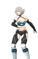 Rule 34 | 1girl, abs, belt, blue eyes, blue lips, boots, breasts, clenched hands, collarbone, detached sleeves, freezer katakura, grey hair, hair over one eye, large breasts, lipstick, looking to the side, makeup, muscular, muscular female, navel, official art, open mouth, ring dream, short hair, shorts, solo, transparent background, wrestling outfit, yorumura shiro