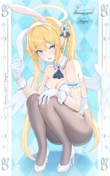 Rule 34 | 1girl, angel, angel wings, animal ears, arm garter, ascot, bare shoulders, blonde hair, blue background, blue eyes, blush, breasts, brooch, brown pantyhose, cleavage, collar, collarbone, cross, cross earrings, crying, crying with eyes open, detached collar, earrings, embarrassed, english text, fake animal ears, feathered wings, fishnet pantyhose, fishnets, full body, gloves, hair between eyes, hair ornament, hair ribbon, hairband, halo, hand on own knee, hand up, high heels, highleg, highleg leotard, highres, jewelry, kira (kira78718520), large breasts, leotard, long hair, looking at viewer, open mouth, original, pantyhose, playboy bunny, rabbit ears, ribbon, shoes, sidelocks, solo, squatting, strapless, strapless leotard, tearing up, tears, thighs, twintails, very long hair, white footwear, white gloves, white hairband, white leotard, white wings, wings, wrist cuffs