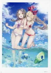 Rule 34 | 2girls, :d, absurdres, atelier (series), atelier firis, barefoot, bikini, blonde hair, blue eyes, bow, braid, breasts, brown hair, butterflyfish, cloud, day, firis mistlud, fish, frilled bikini, frills, front-tie top, gluteal fold, green eyes, groin, hair bow, highres, hug, hug from behind, ilmeria von leinweber, large breasts, long hair, lowleg, lowleg bikini, multiple girls, navel, ocean, official art, one eye closed, open mouth, outdoors, partially underwater shot, red bikini, scan, side braid, sky, small breasts, smile, standing, standing on one leg, swimsuit, thigh gap, tropical fish, wading, water, water drop, white bikini, yuugen