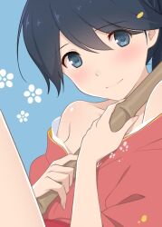 Rule 34 | 1girl, azuki-iro, bamboo, black hair, blue background, commentary request, grey eyes, houshou (kancolle), japanese clothes, kantai collection, kimono, long hair, looking at viewer, pink kimono, ponytail, solo, upper body