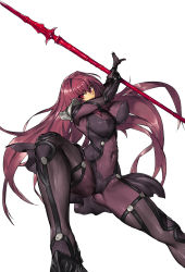 Rule 34 | 1girl, armor, armored boots, ass, bodysuit, boots, breasts, covered navel, dual wielding, covered erect nipples, fate/grand order, fate (series), gae bolg (fate), high heels, highres, holding, holding weapon, huge breasts, long hair, looking at viewer, melon22, polearm, purple bodysuit, purple hair, red eyes, scathach (fate), scathach (fate), simple background, solo, spear, weapon, white background
