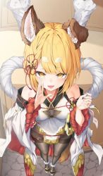 Rule 34 | 1girl, animal ears, bare shoulders, blonde hair, breasts, bush, cleavage cutout, clothing cutout, detached sleeves, dog ears, dog girl, dog tail, full body, granblue fantasy, hair ornament, hyouta (yoneya), indoors, looking at viewer, medium breasts, open mouth, pantyhose, rope, short hair, sword, tail, traditional clothes, vajra (granblue fantasy), weapon, yellow eyes
