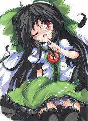 Rule 34 | 1girl, absurdres, black hair, bow, feathers, female focus, garter belt, hair bow, highres, long hair, marker (medium), milkpanda, one eye closed, panties, red eyes, reiuji utsuho, simple background, solo, striped clothes, striped panties, thighhighs, touhou, traditional media, underwear, white background, wings, wink
