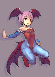 Rule 34 | 1girl, :p, animal print, bat print, capcom, female focus, full body, head wings, highres, leotard, lilith aensland, pink hair, red eyes, short hair, solo, strapless, strapless leotard, tenteco (covamin), tongue, tongue out, vampire (game), wings