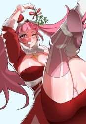 Rule 34 | 1girl, ass, blunt bangs, breasts, ceroccb, christmas, cleavage, commentary, english commentary, female focus, fire emblem, fire emblem: three houses, fire emblem heroes, fur-trimmed gloves, fur-trimmed headwear, fur trim, gloves, hand on own face, hat, highres, hilda valentine goneril, hilda valentine goneril (winter), holding, holding mistletoe, large breasts, long hair, looking at viewer, matching hair/eyes, mistletoe, nintendo, official alternate costume, one eye closed, panties, pantyshot, pink eyes, pink hair, pink panties, pink thighhighs, red hat, santa costume, solo, striped clothes, striped thighhighs, teeth, thighhighs, thighs, twintails, underwear, very long hair, white gloves, wink