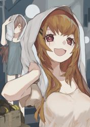 Rule 34 | 2girls, after bathing, bottomless, breasts, brown hair, drying, drying hair, expressionless, girls&#039; frontline, grey shirt, hair ornament, hair over one eye, hairclip, long hair, looking at viewer, medium breasts, multiple girls, open mouth, purple eyes, scar, scar across eye, scar on face, shirt, standing, star-shaped pupils, star (symbol), symbol-shaped pupils, towel, ump45 (girls&#039; frontline), ump9 (girls&#039; frontline), vicious kage, yellow eyes