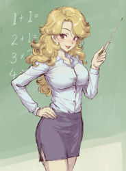 Rule 34 | 1girl, blonde hair, bra visible through clothes, breasts, chalkboard, collared shirt, commentary request, dr. slump, fujii eishun, hand on own hip, highres, holding, holding pointer, large breasts, lipstick, long hair, looking at viewer, makeup, math, pencil skirt, pointer, shirt, skirt, smile, solo, teacher, white shirt, yamabuki midori