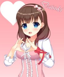 Rule 34 | 1girl, :d, arm ribbon, blue eyes, blush, breasts, brown hair, camisole, center frills, cleavage, commentary request, fingernails, frills, hands up, heart, heart-shaped pupils, heart hands, highres, idolmaster, idolmaster cinderella girls, long hair, long sleeves, looking at viewer, medium breasts, open mouth, pink background, pink camisole, puffy long sleeves, puffy sleeves, red ribbon, ribbon, romaji text, sakuma mayu, shirt, smile, solo, symbol-shaped pupils, upper body, urarara (shlsz 22728), white shirt