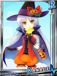 Rule 34 | 10s, 1girl, angel beats!, bandages, cape, card (medium), card parody, cinderella girls card parody, gloves, halloween, hat, jack-o&#039;-lantern, long hair, puffy pants, remotaro, silver hair, solo, tenshi (angel beats!), wand, witch, witch hat, yellow eyes