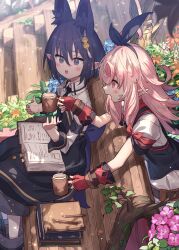Rule 34 | 2girls, :o, animal ears, bench, black dress, black footwear, black hair, black vest, blush, book, boots, cup, dress, extra ears, feet out of frame, fingerless gloves, gloves, hair ornament, hairband, highres, holding, holding cup, mug, multiple girls, narumi arata, open book, original, pink hair, pointy ears, purple eyes, red gloves, shirt, sitting, stairs, standing, teeth, upper teeth only, vest, white shirt