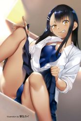 Rule 34 | 1girl, artist name, ass, bare legs, blue skirt, blush, breasts, cameltoe, clothes lift, dark-skinned female, dark skin, dress shirt, ear piercing, evil grin, evil smile, fang, fingernails, grin, hair ornament, hairclip, half-closed eye, highres, ijiranaide nagatoro-san, lifted by self, light, long hair, looking at viewer, nagatoro hayase, non-web source, one-piece swimsuit, open clothes, piercing, school swimsuit, school uniform, shirt, sitting, skirt, skirt lift, sleeves rolled up, small breasts, smile, smirk, solo, swimsuit, swimsuit under clothes, tomohiro kai, unbuttoned, unbuttoned shirt, white shirt, wing collar, yellow eyes