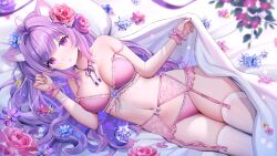 Rule 34 | 1girl, ahoge, animal ears, beads, blanket, blurry, bra, breasts, cat ears, cleavage, commission, depth of field, flower, frilled panties, frills, garter belt, hair flower, hair ornament, hand up, highres, lace, lace-trimmed bra, lace trim, lingerie, long hair, looking at viewer, lying, medium breasts, nami (nyaa), navel, on back, original, panties, parted lips, pillow, pink bra, pink eyes, pink panties, purple hair, rose, scrunchie, skindentation, small stellated dodecahedron, solo, stomach, strap slip, string bra, thighhighs, thighs, under covers, underwear, underwear only, very long hair, wavy hair, white thighhighs, wrist scrunchie