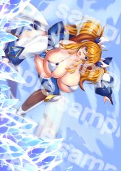 Rule 34 | 1girl, artist request, blonde hair, blue eyes, blush, breasts, covered navel, highleg, highleg leotard, huge breasts, leotard, looking at viewer, onizaki kirara, revealing clothes, shiny clothes, shiny skin, solo, taimanin (series), taimanin rpgx, taimanin suit, thong leotard, twintails, wide hips