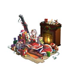 Rule 34 | 1girl, absurdres, alex (counter:side), ankle strap, box, braid, candle, christmas ornaments, closed mouth, counter:side, dress, fingerless gloves, fireplace, fur trim, gift, gift box, gloves, grey hair, high heels, highres, long hair, looking at viewer, mole, mole under eye, official art, pantyhose, red dress, red eyes, red footwear, red gloves, short dress, sitting, sleeveless, sleeveless dress, solo, transparent background, weapon, wooden floor, yokozuwari