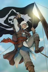 Rule 34 | 1boy, assassin&#039;s creed, assassin&#039;s creed (series), assassin&#039;s creed iv: black flag, belt, blonde hair, boots, clenched hand, collarbone, edward kenway, facial hair, flag, gb (doubleleaf), gun, handgun, highres, hood, long hair, male focus, pistol, sash, short hair, smile, solo, stubble, sword, watermark, weapon, yellow eyes