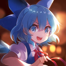 Rule 34 | 1girl, 60mai, :d, backlighting, blue bow, blue eyes, blue hair, blue vest, blurry, blurry background, bokeh, bow, cirno, collared shirt, depth of field, hair bow, ice, ice wings, looking at viewer, lowres, neckerchief, open mouth, puffy short sleeves, puffy sleeves, red neckerchief, red ribbon, ribbon, shirt, short hair, short sleeves, smile, solo, tareme, touhou, upper body, v-shaped eyebrows, vest, white shirt, wing collar, wings