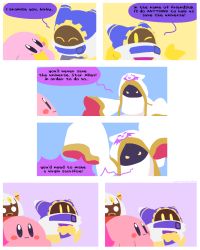 Rule 34 | blush stickers, comic, courtesycalling, crossed arms, english text, highres, hood, hyness, kirby, kirby: star allies, kirby (series), long sleeves, looking at another, magolor, monochrome background, nintendo, no humans, one eye closed, rayman limbs, signature, taranza, white hair, yellow eyes