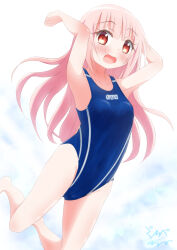 Rule 34 | 1girl, arena (company), armpits, arms up, blue one-piece swimsuit, breasts, commentary request, competition swimsuit, covered navel, eyebrows hidden by hair, highres, kneeling, one-piece swimsuit, original, pink hair, purapechinu, red eyes, signature, simple background, sitting, small breasts, solo, swimsuit, white background