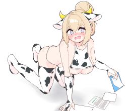 Rule 34 | 1girl, absurdres, all fours, animal ears, animal print, bikini, blonde hair, blue eyes, blush, breasts, bridal gauntlets, clipboard, cow ears, cow horns, cow print, habetrot (last origin), hair bun, hair ornament, highres, horns, korean text, large breasts, last origin, lk149, looking at viewer, open mouth, paper, simple background, single hair bun, solo, sweatdrop, swimsuit, thighhighs, underboob, wavy mouth, white background