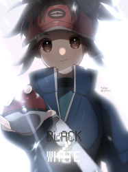 Rule 34 | 1boy, absurdres, bodysuit, bodysuit under clothes, brown eyes, brown hair, closed mouth, commentary request, copyright name, creatures (company), fingernails, game freak, hat, highres, holding, holding poke ball, jacket, kurumiya (krmy p), male focus, nate (pokemon), nintendo, poke ball, poke ball (basic), pokemon, pokemon bw2, red hat, short hair, smile, solo, strap, upper body, visor cap, white background