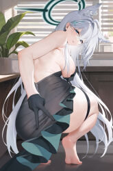 Rule 34 | 1girl, absurdres, ahoge, animal ear fluff, animal ears, ass, barefoot, black gloves, blue archive, blue eyes, breasts, covering privates, covering breasts, cross hair ornament, from behind, gloves, grey hair, hair ornament, halo, highres, large breasts, long hair, looking back, mako (makoda), parted lips, plant, shiroko (blue archive), shiroko terror (blue archive), soles, solo, squatting, thigh strap, v, very long hair, window blinds, wolf ears