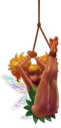 Rule 34 | 1girl, armpits, bad id, bad tumblr id, barefoot, bdsm, blonde hair, bondage, bound, bound ankles, bound wrists, breasts, brown eyes, cleft of venus, dragon&#039;s crown, dress, fairy, fairy wings, feet, full body, green dress, green skirt, highres, long hair, no panties, pointy ears, pussy, robaato, shiny skin, simple background, skirt, small breasts, soles, solo, tan, tiki (dragon&#039;s crown), toes, twintails, uncensored, white background, wings