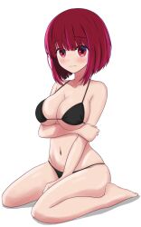Rule 34 | 1girl, :|, absurdres, arima kana, arm under breasts, barefoot, between legs, bikini, black bikini, blunt bangs, blunt ends, blush, bob cut, breasts, cleavage, closed mouth, collarbone, commentary, embarrassed, english commentary, full body, hair over eyes, halterneck, hand between legs, highres, izunomi, large breasts, looking at viewer, mixed-language commentary, navel, oshi no ko, raised eyebrows, red eyes, red hair, short hair, simple background, sitting, solo, swimsuit, underboob, wariza, wavy mouth, white background