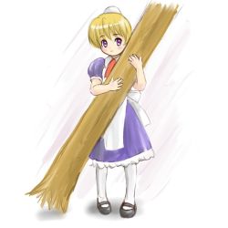 Rule 34 | 00s, 1girl, android, blonde hair, female focus, flandre (kaibutsu oujo), full body, kaibutsu oujo, maid, plant, purple eyes, shoes, solo, standing, tree, white background, yellow (artist)