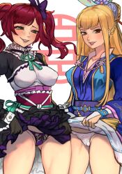 Rule 34 | 2girls, ass, black gloves, blonde hair, blue kimono, blunt bangs, blush, braid, breasts, brown eyes, cameltoe, chacha, chacha (sengoku musou), cleft of venus, clothes lift, collar, collarbone, collared dress, dress, eyebrows, eyelashes, flashing, frilled dress, frilled shirt collar, frilled skirt, frills, gloves, gluteal fold, goth fashion, green eyes, grin, hair bun, hair ornament, hair ribbon, highres, hosokawa gracia, japanese clothes, jewelry, kimono, kimono skirt, lace, lace-trimmed panties, lace trim, large breasts, legs, lingerie, lips, lipstick, long bangs, long hair, long sleeves, looking at viewer, makeup, medium hair, multiple girls, necklace, obi, panties, ponytail, purple panties, r123, red hair, ribbon, ring, sash, sengoku musou, skirt, skirt lift, smile, swept bangs, teasing, teeth, thighs, tight clothes, twintails, underwear, white background, white panties, wrist cuffs