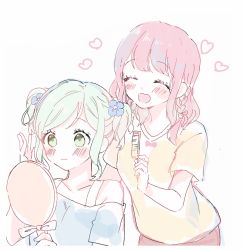 Rule 34 | 2girls, ^ ^, alternate hairstyle, aqua hair, bang dream!, blue flower, blue shirt, blush, bra strap, braid, closed eyes, collarbone, comb, flower, green eyes, hair flower, hair ornament, hairdressing, hairstyle switch, hana kon (17aaammm), hand mirror, hand up, heart, highres, hikawa hina, holding, holding comb, holding mirror, light frown, maruyama aya, medium hair, mirror, multiple girls, off-shoulder shirt, off shoulder, open mouth, pale color, pink hair, shirt, short sleeves, side braids, sidelocks, sketch, smile, twintails, white background, yellow shirt
