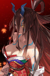 Rule 34 | 1girl, bare shoulders, body markings, breasts, brown hair, cleavage, collarbone, detached sleeves, fate/grand order, fate/requiem, fate (series), gradient background, gradient hair, hair between eyes, horns, japanese clothes, kijo kouyou (fate), kijo kouyou (third ascension) (fate), kimono, large breasts, leaf, long hair, looking at viewer, maple leaf, multicolored hair, ponytail, red background, rope, sash, sleeveless, sleeveless kimono, slit pupils, smile, very long hair, white kimono, yahako, yellow eyes