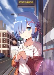 Rule 34 | 10s, 1girl, blue eyes, blue hair, blue sky, blush, breasts, brown jacket, building, bus, car, casual, city, closed mouth, cloud, cloudy sky, collarbone, contemporary, day, eyelashes, hair ornament, hair over one eye, hair ribbon, hands up, highres, jacket, jewelry, long sleeves, looking at viewer, medium breasts, motor vehicle, necklace, off shoulder, open clothes, open jacket, outdoors, own hands together, pink ribbon, re:zero kara hajimeru isekai seikatsu, rem (re:zero), ribbon, road, short hair, sky, smile, solo, street, sweater, upper body, vehicle, white sweater, x hair ornament, zhayin-san