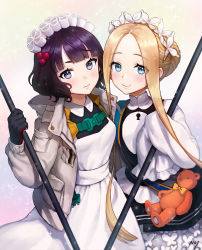 Rule 34 | 2girls, abigail williams (fate), abigail williams (festival outfit) (fate), apron, artist request, black gloves, black skirt, blonde hair, blue eyes, blunt bangs, blush, braid, breasts, closed mouth, dress, fate/grand order, fate (series), forehead, french braid, gloves, grey jacket, hair bun, hair ornament, hairpin, heroic spirit festival outfit, highres, jacket, katsushika hokusai (fate), katsushika hokusai (festival outfit) (fate), keyhole, long hair, long sleeves, looking at viewer, maid headdress, medium breasts, mop, multiple girls, official alternate costume, open clothes, open jacket, parted bangs, purple eyes, purple hair, sash, short hair, single hair bun, skirt, small breasts, smile, sparkle, stuffed animal, stuffed toy, teddy bear, very long hair, white dress