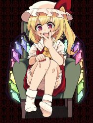 Rule 34 | 1girl, armchair, ascot, blonde hair, bobby socks, bow, chair, collared shirt, commentary request, crystal, eyes visible through hair, fangs, finger to mouth, flandre scarlet, frilled hat, frilled sleeves, frills, full body, hat, hat bow, highres, knees up, looking at viewer, medium hair, mob cap, nail polish, one side up, open mouth, puffy sleeves, red bow, red eyes, red nails, red skirt, red vest, shirt, sitting, skirt, smile, socks, solo, teeth, touhou, upper teeth only, v over mouth, vest, white shirt, white socks, wings, yamase, yellow ascot