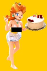 Rule 34 | 1girl, 3d, ;), apron, bar censor, barefoot, blush, breasts, brown hair, cake, censored, censored nipples, completely nude, crown, earrings, feet, flower earrings, food, hanxulz, jewelry, legs, mario (series), medium breasts, medium hair, naked apron, naughty face, nintendo, nude, one eye closed, princess daisy, seductive smile, smile, super mario land, toes, tomboy, wink, yellow background