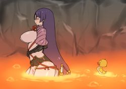 Rule 34 | 1girl, bird, breasts, duck, duckling, closed eyes, fate/grand order, fate (series), highres, katana, large breasts, long hair, minamoto no raikou (fate), lava, purple hair, rei (rei rr), smile, solo, sword, tom and jerry, very long hair, wading, weapon
