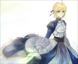 Rule 34 | 1girl, ahoge, armor, armored dress, artoria pendragon (fate), bad id, bad pixiv id, blonde hair, character name, copyright name, dress, excalibur (fate/stay night), fate/zero, fate (series), gauntlets, green eyes, hair ribbon, invisible air (fate), ribbon, saber (fate), solo, sword, weapon, winora