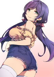 Rule 34 | 1girl, ass, bare shoulders, breasts, curvy, denim, denim shorts, duke (inu daimyou), green eyes, large breasts, long hair, looking at viewer, love live!, love live! school idol project, low twintails, pink scrunchie, purple hair, scrunchie, shirt, shorts, smile, solo, standing, thighhighs, tojo nozomi, twintails, white thighhighs, yellow shirt